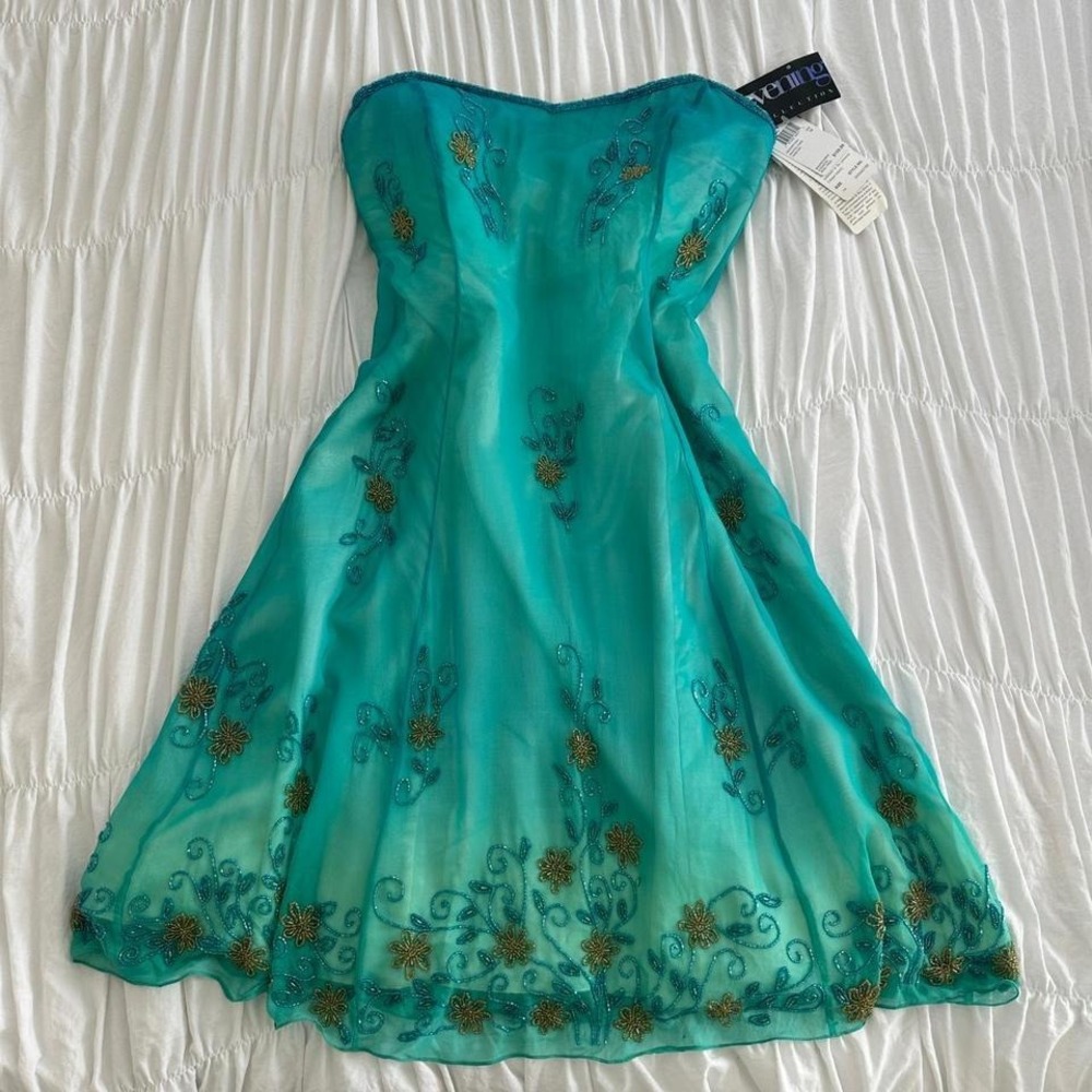 NWT VINTAGE Adrianna Papell Evening Silk Strapless Teal Mermaid Beaded Dress
